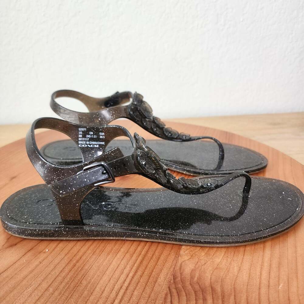 Coach Sandals Womens Size 8 Black Jelly Floral Thong Glitter Strap Logo